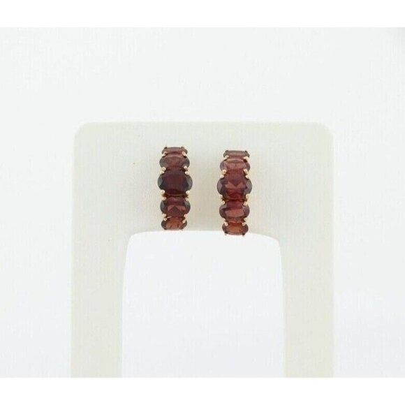 10k Yellow Gold Natural Garnet Earrings Half Hoop Earrings - Picture 5 of 7
